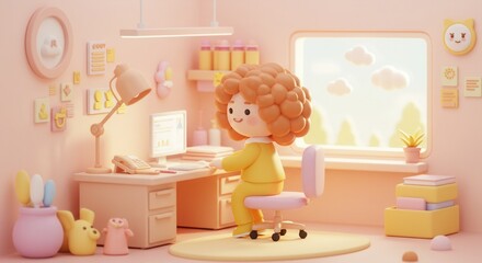 Cozy pastel home office with cute clay character and soft lighting