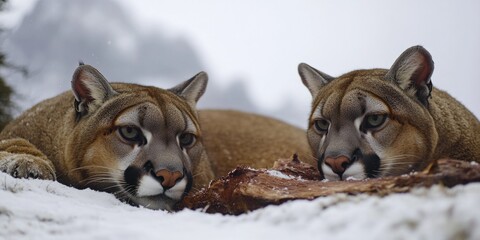 Two big felines relax on a snowy surface, perfect for winter scenes or animal-themed designs