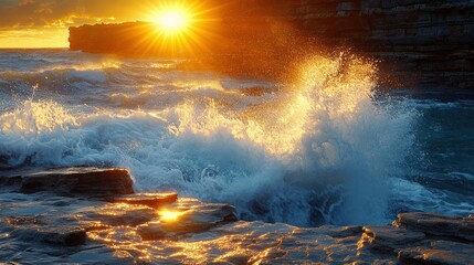 Waves crash on rocky coast at sunset, cliffs in back; stock footage use.