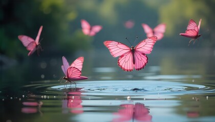 Pink butterflies flying above the water