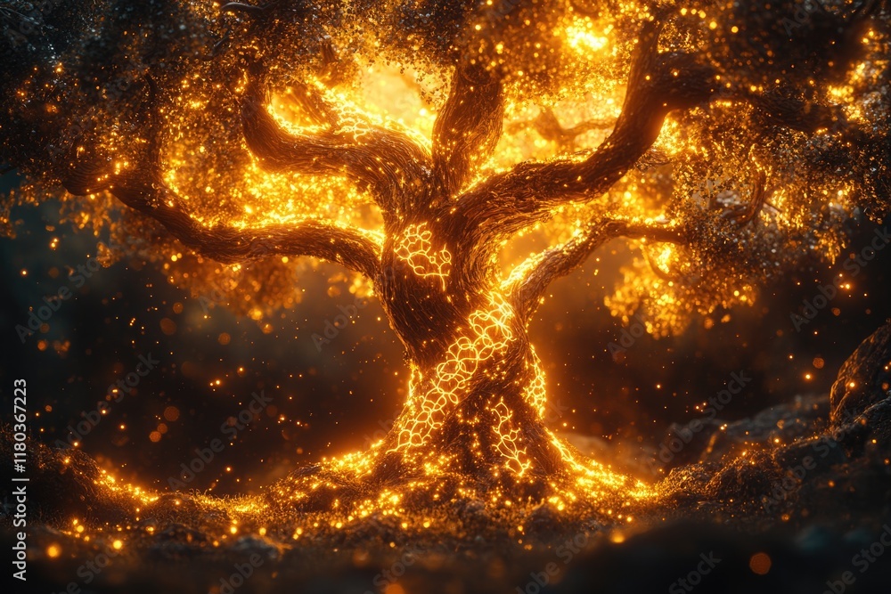 Poster a single glowing tree stands out in a dense forest, surrounded by darkness