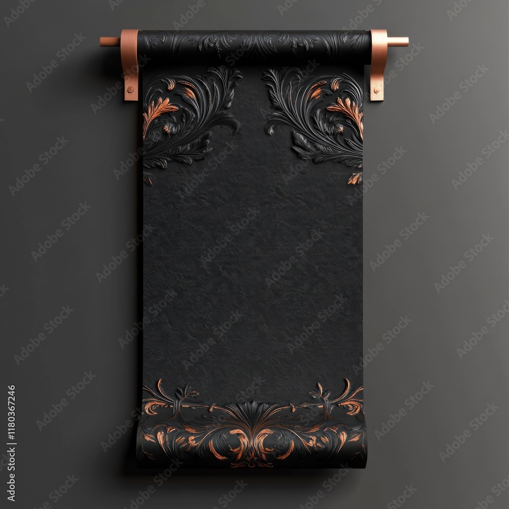 Poster a decorative scroll hangs on the wall against a dark or black background, suitable for use in variou