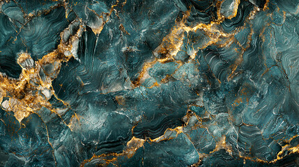 Dark teal and gold marbled stone with intricate swirling patterns, glowing highlights, ultra-detailed geological textures