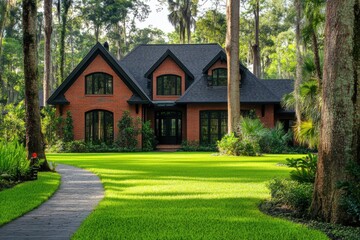 Charming brick house surrounded by lush greenery in a serene wooded area, showcasing a manicured lawn and inviting pathway during vibrant daylight hours