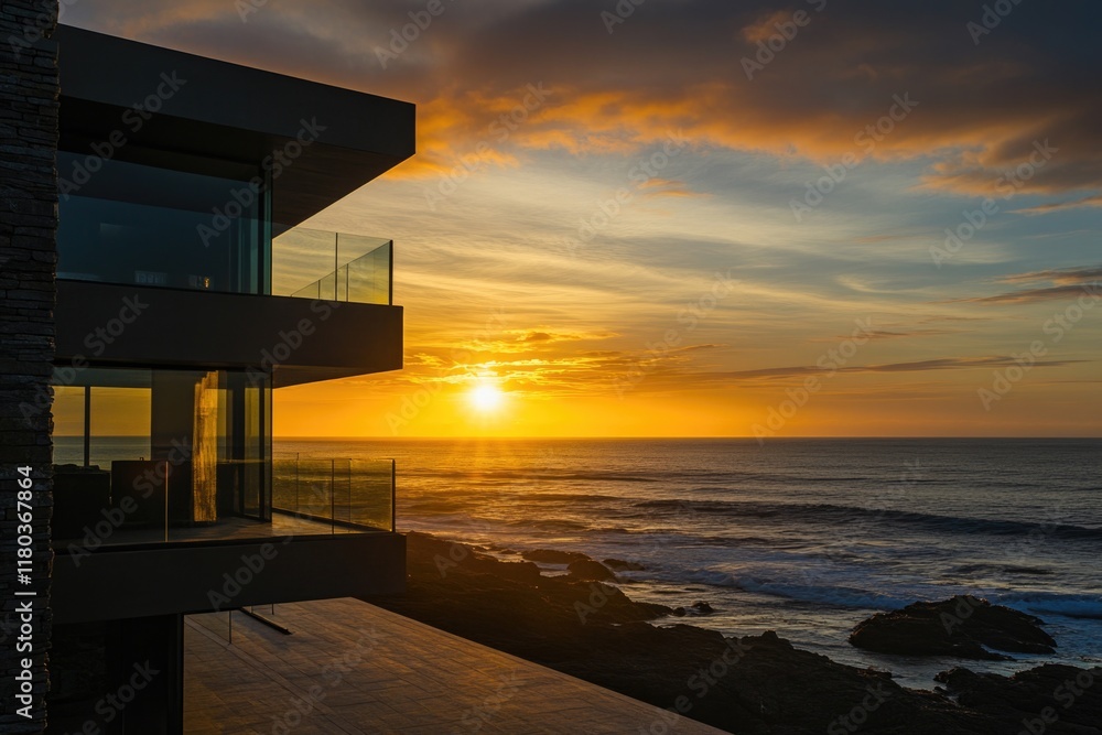 Poster sunset view from a house balcony overlooking the ocean, ideal for use in travel or leisure-related p
