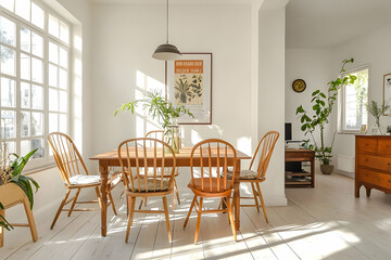 Obraz premium A clean, minimalist dining room featuring wooden chairs, a table, a framed artwork, and soft sunlight pouring in.