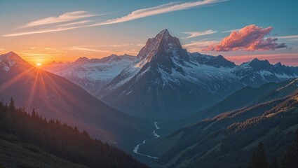 A serene sunset in the mountains with warm golden hues casting a tranquil glow over the landscape, highlighting the rugged peaks and peaceful valley below, evoking a sense of calm and natural beauty