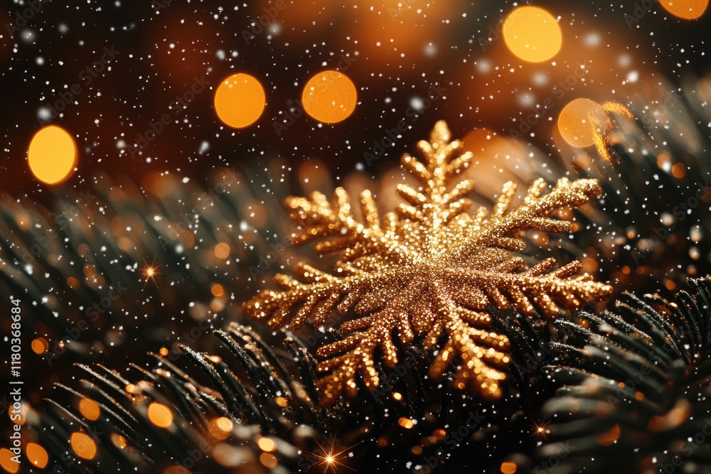 Poster a detailed shot of a single snowflake hanging from a christmas tree branch