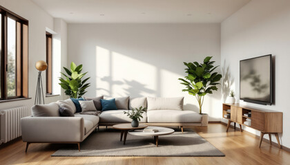 Modern japandi living room with a large sectional sofa, a coffee table, and a flat-screen tv mounted on the wall.