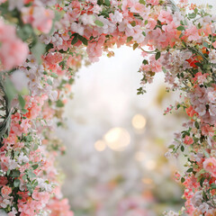 Obraz premium Blossom arch with pastel flowers and bright blurred light.