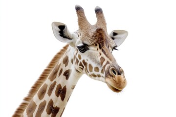 Fototapeta premium A close-up shot of a giraffe's face against a white background