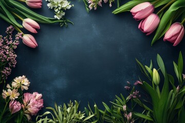Spring flowers creating a frame on dark blue background