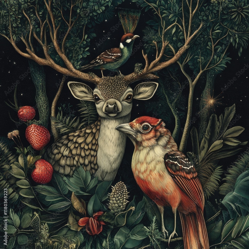 Poster two birds and a deer are standing together in a dense forest, surrounded by trees and foliage