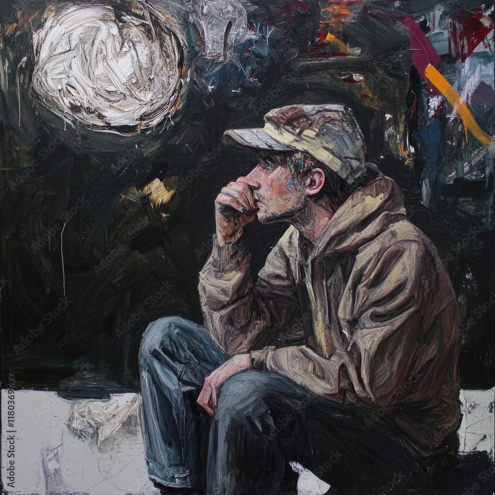 Poster a person sitting on the edge of something, possibly contemplating or lost in thought
