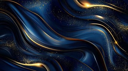 Bold fluid abstract design with gold accents and navy tones, intricate marbled textures with polished metallic highlights and flowing shapes 