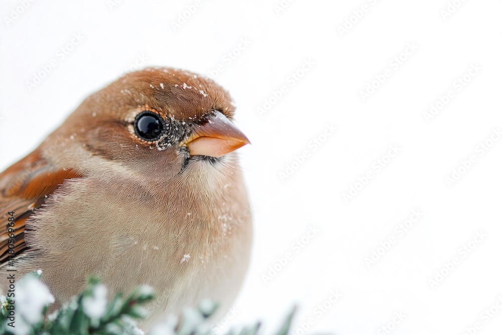 Poster a small bird perched on top of a snow-covered tree branch