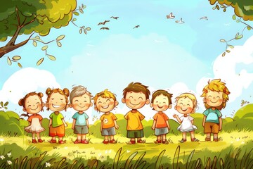 Group of children in the park. Vector illustration in cartoon style.