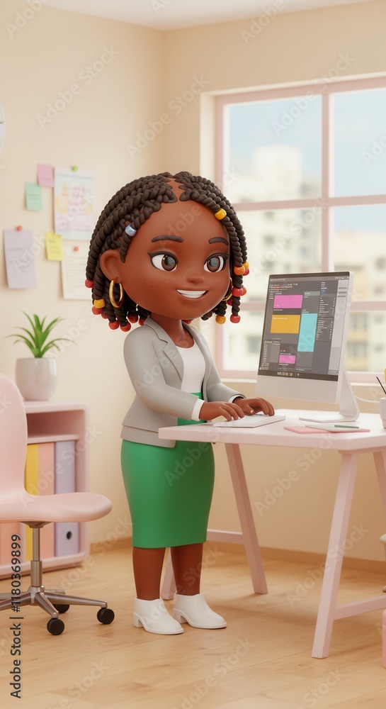 Poster cheerful animated character working in a modern office setting