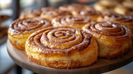 Fototapeta premium Delicious, glazed cinnamon rolls on a wooden platter, showcasing their spiral shape and golden-brown textures.