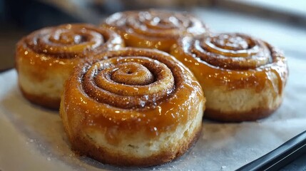 Fototapeta premium Freshly baked cinnamon rolls covered in a shiny glaze, enticingly displayed on a baking tray, ready to enjoy.