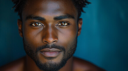 a handsome 28 year old man, of African ethnic origin, with dark skin, no freckles, very short frizzy hair