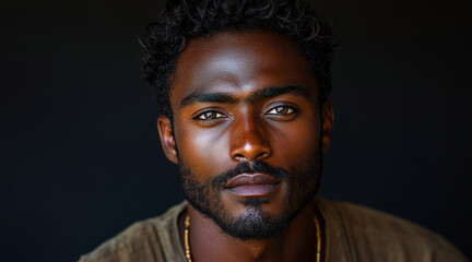 a handsome 28 year old man, of African ethnic origin, with dark skin, no freckles, very short frizzy hair
