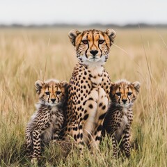 Obraz premium A mother cheetah with her two cubs in a grassy field, showcasing maternal instincts