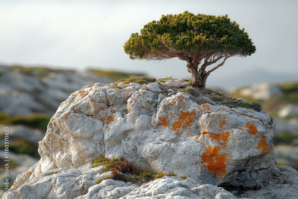 Aufkleber a solitary tree stands tall on the edge of a rocky outcropping, surrounded by open space