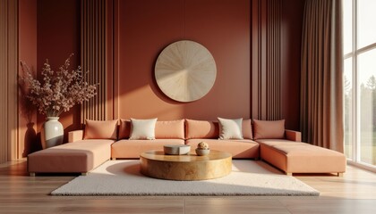 Art deco interior japandi living room with a large sectional sofa, a round coffee table, and a large mirror on the wall.