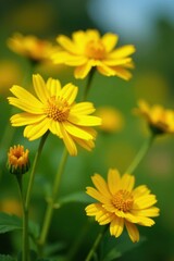 Fototapeta premium Vibrant yellow tansy blossoms, sunny day close-up , daytime, round, photography
