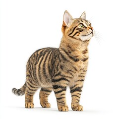 Obraz premium A curious domestic Bengal cat gazes upwards with striking stripes, showcasing its beautiful fur and playful nature.