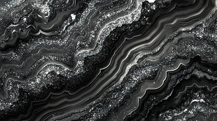 Fototapeta premium Black and silver agate texture, metallic glitter streaks, realistic geological layers, intricate swirling patterns
