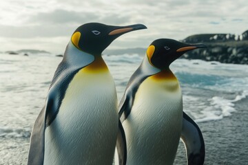 Obraz premium A pair of penguins standing side by side on a sandy beach, possibly enjoying the sunshine or waiting for their turn in the water