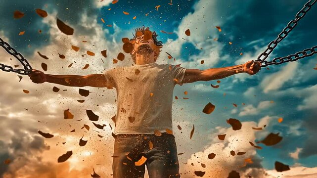 A young Caucasian man breaks chains against a dramatic sky, symbolizing liberation. His arms spread wide, the moment feels powerful and victorious, vividly capturing a metaphor for breaking free from