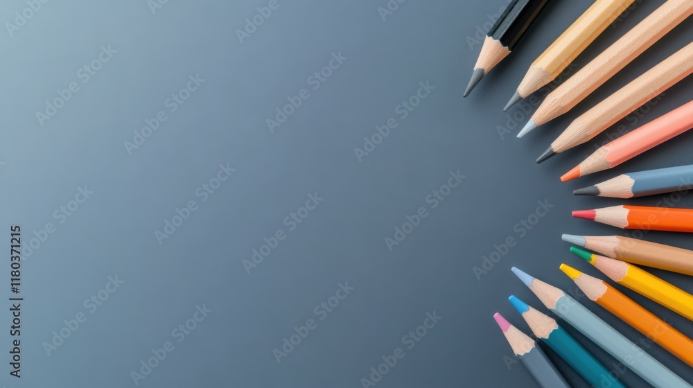 Aufkleber colorful pencils arranged on gray background with copy space for creative concepts and design projec