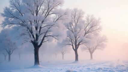 Fototapeta premium Frost-covered trees under soft dawn light. Intricate ice crystals sparkle on branches, contrasting with a snowy ground and pale sky. A serene, ethereal winter landscape unfolds.