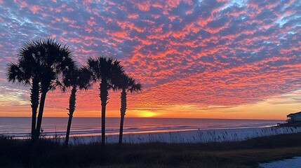 A vibrant sunset over a beach with palm trees silhouetted against colorful clouds.