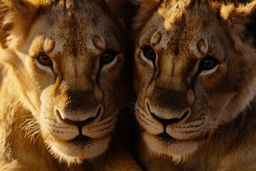 Two lions relax side by side, perhaps after a meal or a hunt