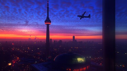 A vibrant sunset over a city skyline featuring a tower and an airplane.