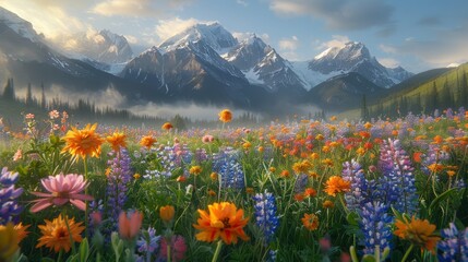 windswept alpine meadow at sunrise, with wildflowers blooming in vibrant colors