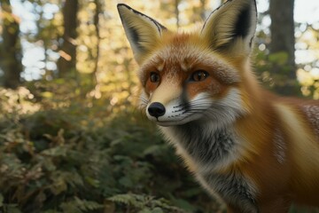 A close-up view of a fox's face in its natural habitat, surrounded by trees and foliage