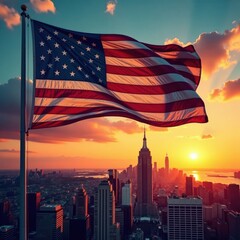 American flag waves above grunge cityscape at sunset, urban, flags, grunge