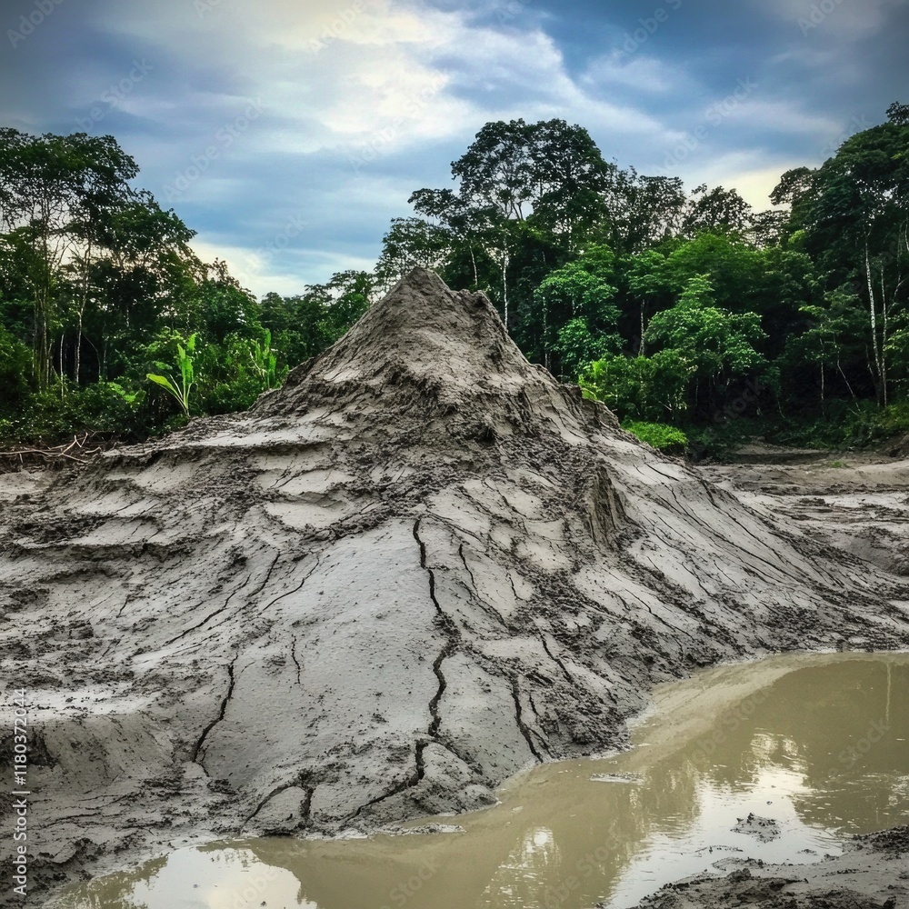 Poster a large pile of mud sits in a muddy field, with surrounding soil and grass