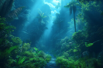 Fototapeta premium Photo réaliste d’une jungle tropicale brumeuse avec une atmosphère éthérée