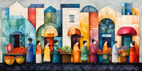 Papua New Guinea art, A vibrant, high-fidelity illustration of a bustling marketplace featuring various vendors and activities, showcasing detailed market life and commerce.