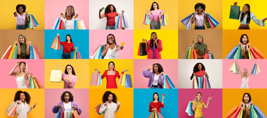 Fototapeta premium Diverse group of people enthusiastically displaying shopping bags while celebrating sales during a Black Friday event. They showcase a variety of colors and patterns amidst vibrant backgrounds.