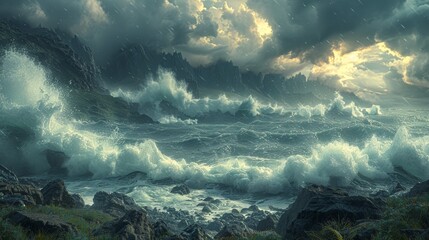 A coastline during a storm, with massive waves crashing against jagged rocks