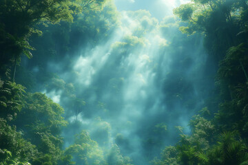 Fototapeta premium Photo réaliste d’une jungle tropicale brumeuse avec une atmosphère éthérée