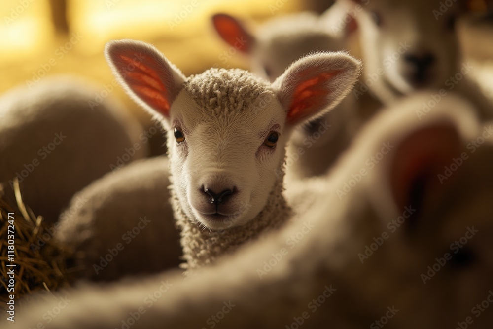 Poster A group of sheep standing close to each other in a natural setting