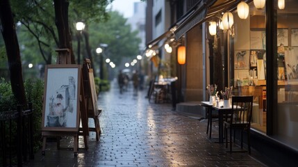 A rainy evening on a cobblestone street lined with glowing lanterns and vibrant street art, inviting passersby to explore its creative allure.